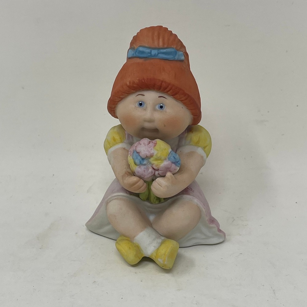 Vintage Cabbage Patch Kids Porcelain Figurine Girl with Flowers Red Hair 3.25"